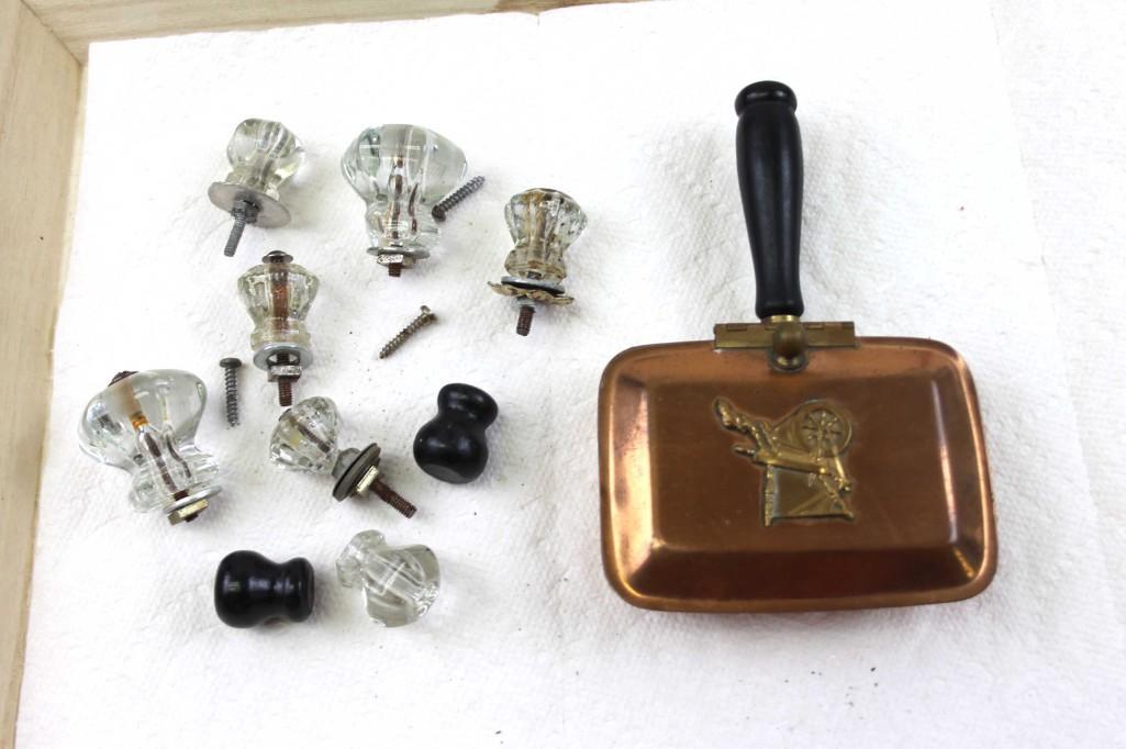 Vintage Crumber or Silent Butler and Drawer Pulls: Vintage Drawer Pulls or Cupboard Knobs or Handles and a Copper Crumber or Silent Butler