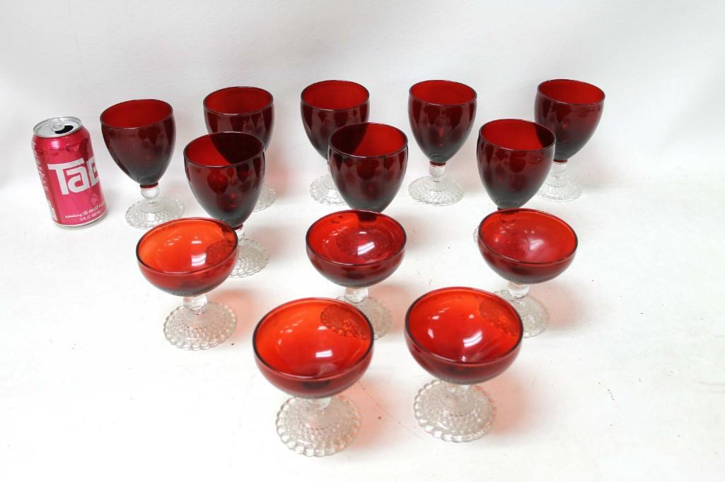 Set of Ruby Red Bubble Foot by Anchor Hocking Water: Set of Vintage Ruby Red Bubble Foot by Anchor Hocking Glassware including 8 Water Goblets and 5 Liquor Cocktail Glasses