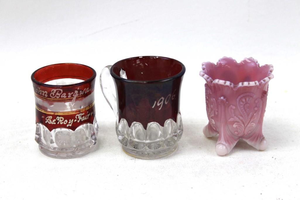 Glass Lot incl Vintage Toothpick Holders incl 2: Vintage Glass Toothpick Holders incl 2 Souvenir and 1 Pink Slag Glass , an Etched Glass circa 1880 with Amanda inscribed on it, etched glass vase, etc