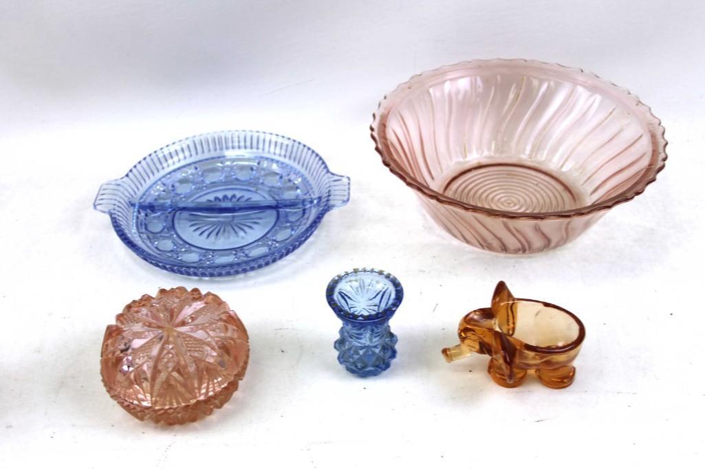Lot of Colored Glassware incl Blue and Pink: Lot of Colored Glassware incl Blue and Pink . Also includes an amber colored glass elephant