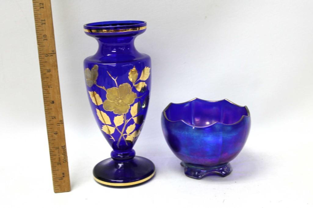 Imperial Glass Blue Carnival Glass Bowl and Cobalt Blue: Imperial Glass Blue Carnival Glass Bowl and Cobalt Blue Gold Gilt Vase