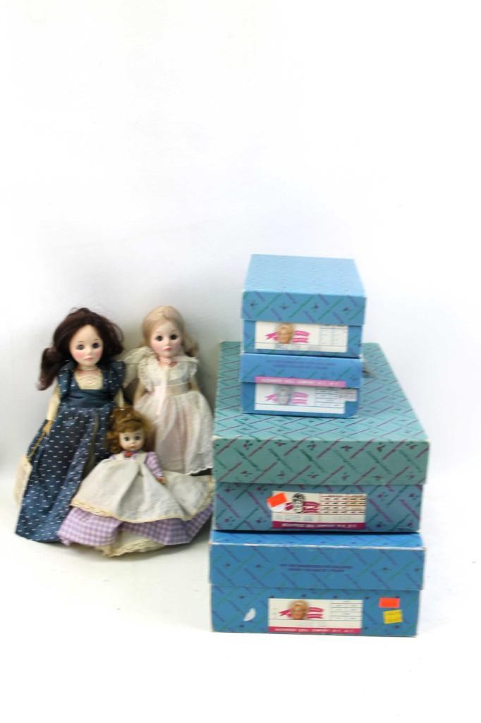7 Dolls incl 4 Madame Alexander Dolls incl Uncle Sam ,: 7 Dolls including 4 Madame Alexander Dolls in original boxes including the Ashley boy doll from the Scarlett Series , Uncle Sam , Salome , Mc Guffey Ana plus 3 other dolls that are not in bo
