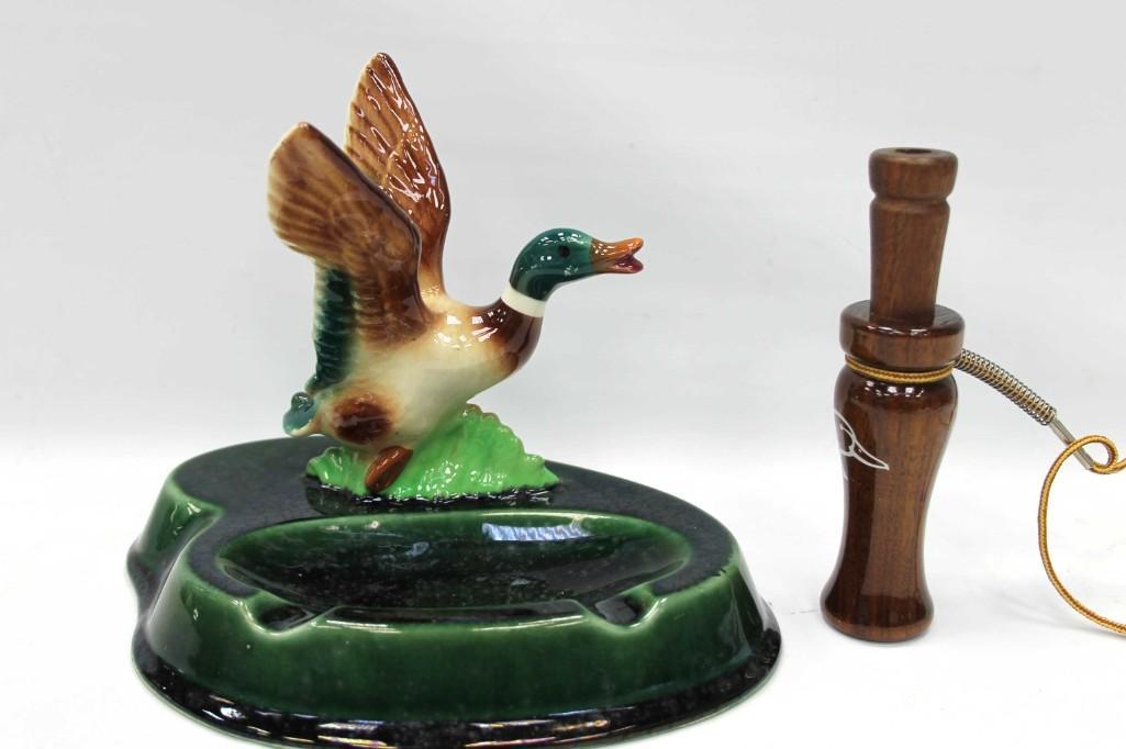 Ducks Unlimited Duck Call and a Vintage Mallard Duck: Ducks Unlimited Duck Call and a Vintage Ceramic Mallard Duck Ashtray