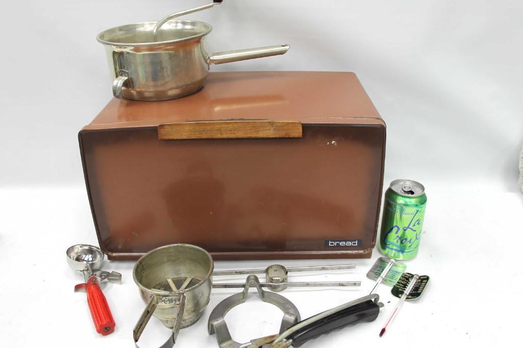Vintage Kitchen Lot incl Bread Box , Food Mill ,: Vintage Kitchen Lot incl Breadbox , Food Mill , Gadgets Condition: Vintage, please see pictures. Shelves in breadbox are bent