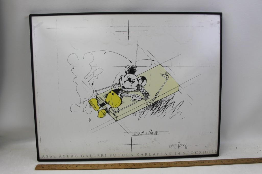 Framed Lasse Aberg Mickey Mouse in a Trap Print: Framed Lasse Aberg Mickey Mouse in a Trap Print Aberg Gallery Sweden Roughly 27.25" x 21.5" including the frame Plexiglass is damaged Mickey looks to be in pretty good spirits considering...