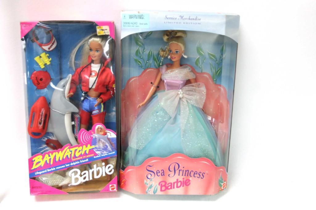 2 NIB Barbies incl Service Merchandise LE Sea Princess: 2 New in Box Mattel Barbie Dolls incl Service Merchandise Limited Edition Sea Princess Barbie and Baywatch Barbie