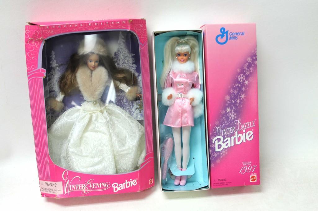 2 NIB Barbies incl Winter Evening Barbie and General: 2 New in Box Mattel Barbie Dolls incl Winter Evening Barbie and General Mills Special Edition Winter Dazzle Barbie