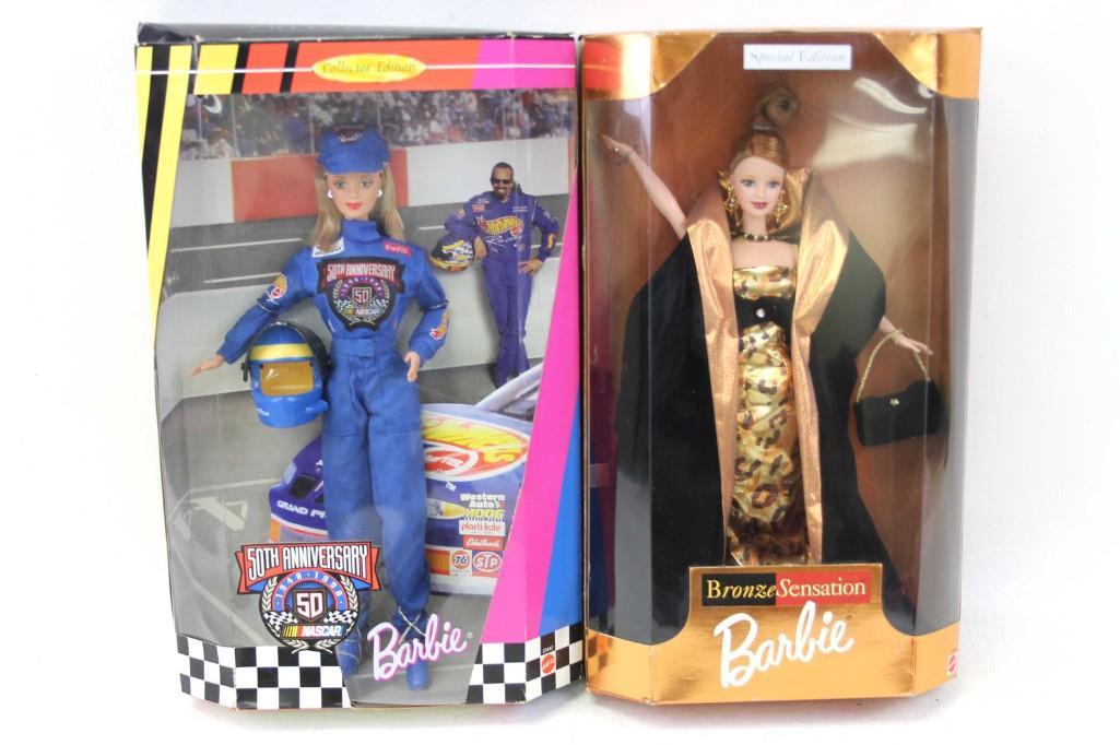 2 Barbies 50th Anniversary Nascar Barbie Doll & Bronze: 2 Mattel Barbies 50th Anniversary Nascar Barbie Doll & Bronze Sensation Doll New in Box