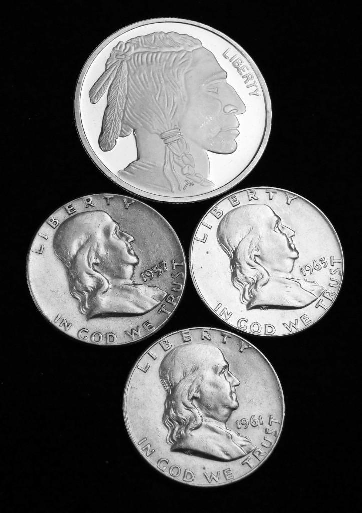 BU Indian Head Buffalo 1 Oz Silver Round & 3 Franklin: Brilliant Uncirculated Indian Head Buffalo 1 Ounce Silver Round & 3 Franklin Half Dollars