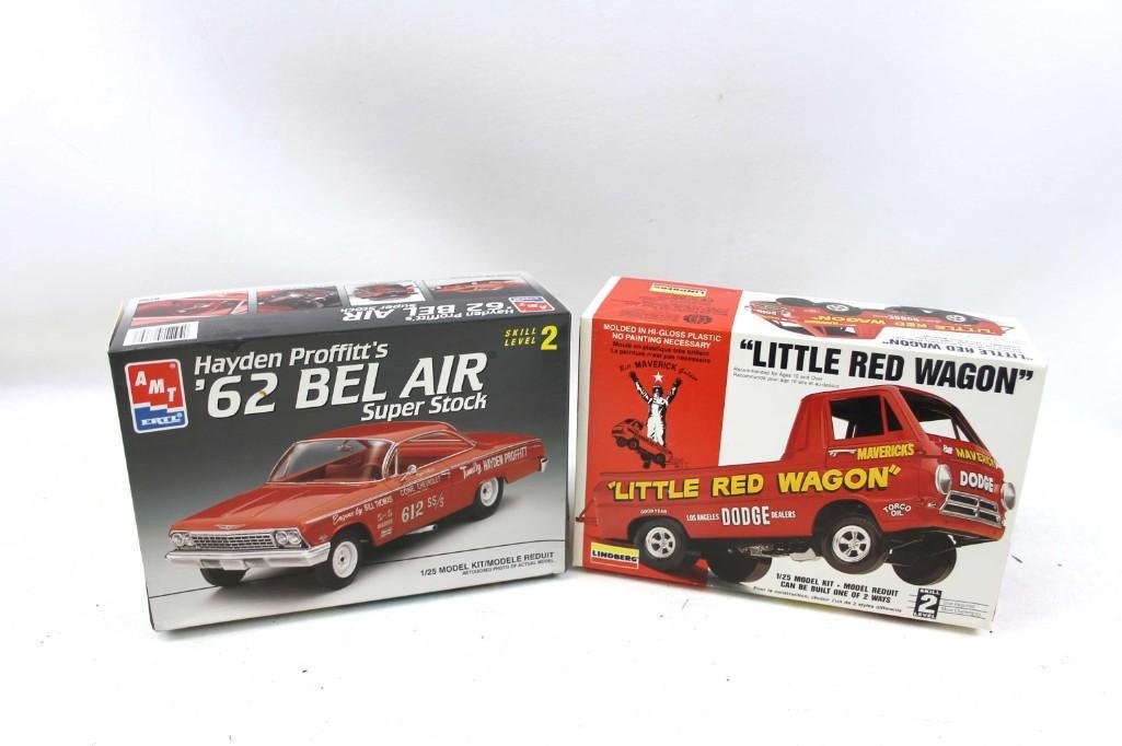 2 Model Car Kits 1:25 Scale Little Red Wagon and Hayden: 2 Model Car Kits 1:25 Scale including Lindberg Little Red Wagon and AMT Ertl Hayden Proffitt's '62 Bel Air Super Stock Condition: includes everything you see in the pictures