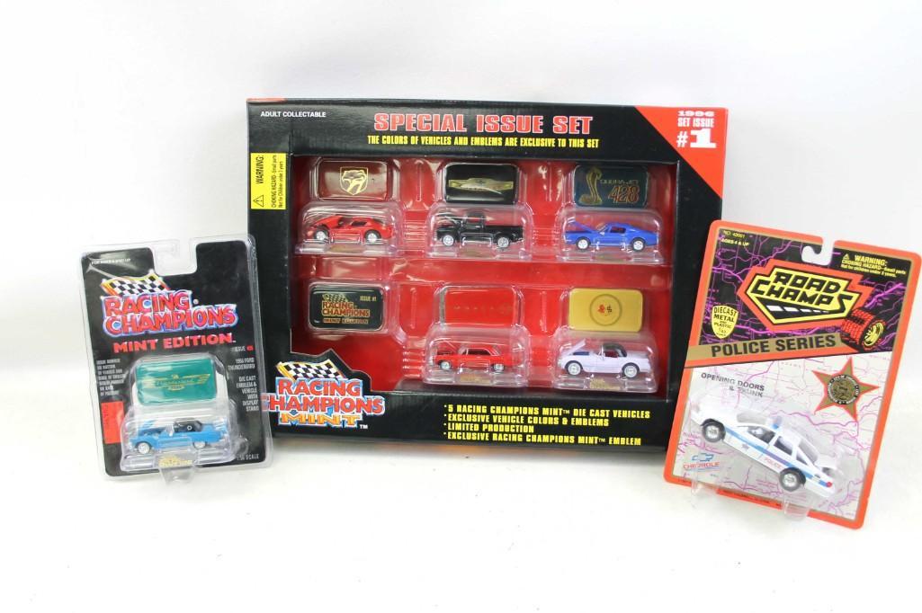 Die Cast Cars and Vehicles Lot NIP incl Racing: Die Cast Cars and Vehicles Lot NIP incl Racing Champions Special Issue Set #1 , Racing Champions Mint Edition Ford Thunderbird 1:56 Scale , Road Champs Police Series 1:43 Scale Chicago Police Car .&nb