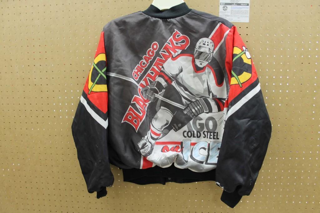 Vintage Chicago Blackhawks Cold Steel on Ice Hockey: Vintage 1990's Chicago Blackhawks Cold Steel on Ice Hockey Jacket Size Large (probably child size large) Condition: Has some runs in the fabric and some wear on the right sleeve. Please see all pi