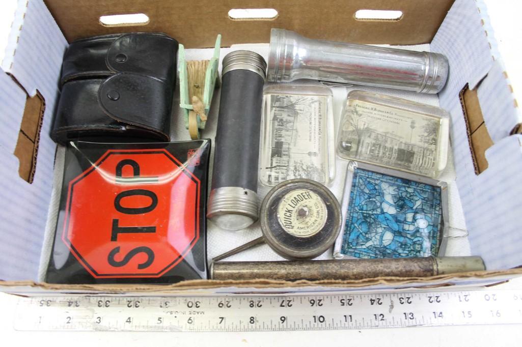 Lot of Misc incl Vintage American Can Co. Quick Loader: Lot of Misc incl Vintage American Can Co. Quick Loader Black Powder Bellows Can , Flashlight , etc