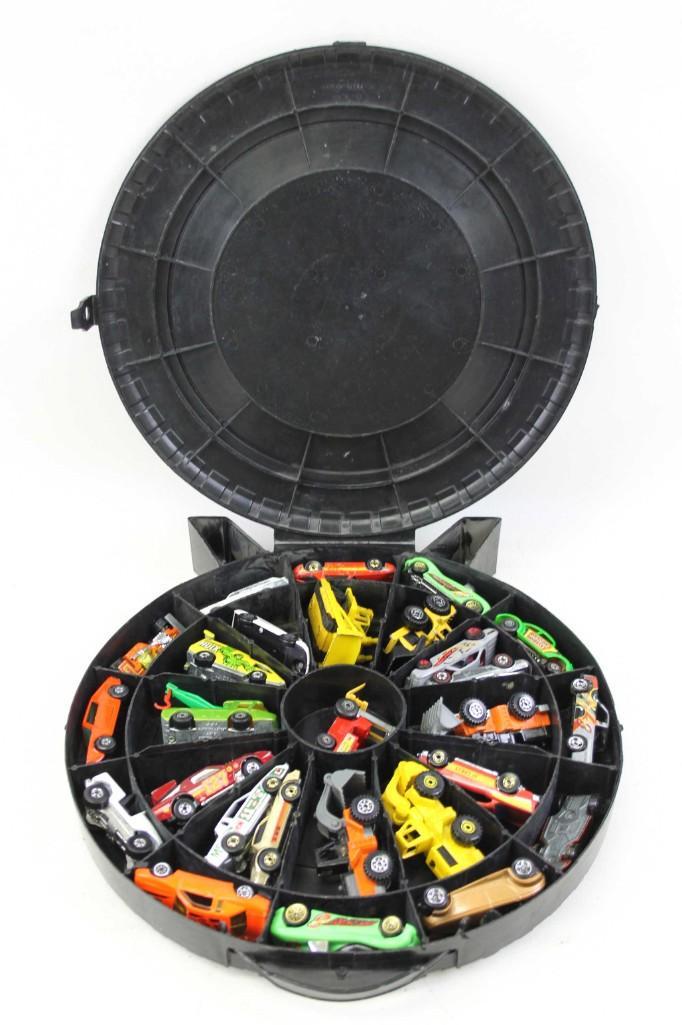 Toy Vehicles incl a Redline Hot Wheels Car and Matchbox: Toy Cars and Vehicles incl Hot Wheels and Matchbox in a Mattel Hot Wheels Super Rally Case . Includes a silver Redline Hot Wheels car with a flag design Lot C