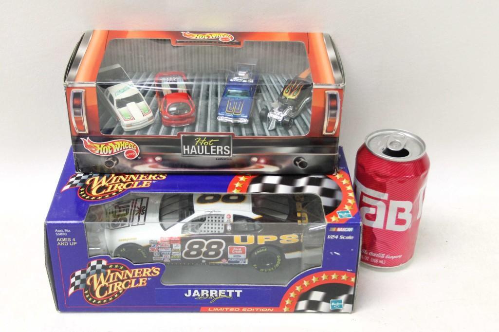 Lot of Die Cast Vehicles incl Hot Wheels Hot Haulers: Lot of Die Cast Vehicles incl Hot Wheels Hot Haulers and Winners Circle Dale Jarrett Nascar Car . Jarrett car is 1:24 scale. . Both are new in box