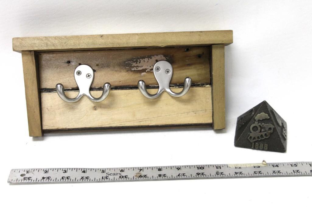 Train Collectibles Lot incl Coat Hook Made from Train: Train Collectibles Lot incl Coat Hook Made from Recycled Wood from Bull Moose Train Car and Train Pyramid Paperweight