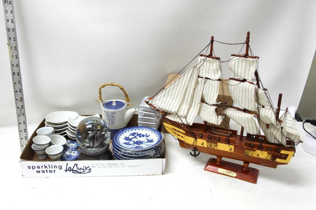Misc Lot incl Snow Globe , Model Clipper Ship , China ,: Misc Lot incl Snow Globe , Model USS Constitution Clipper Ship , China , etc