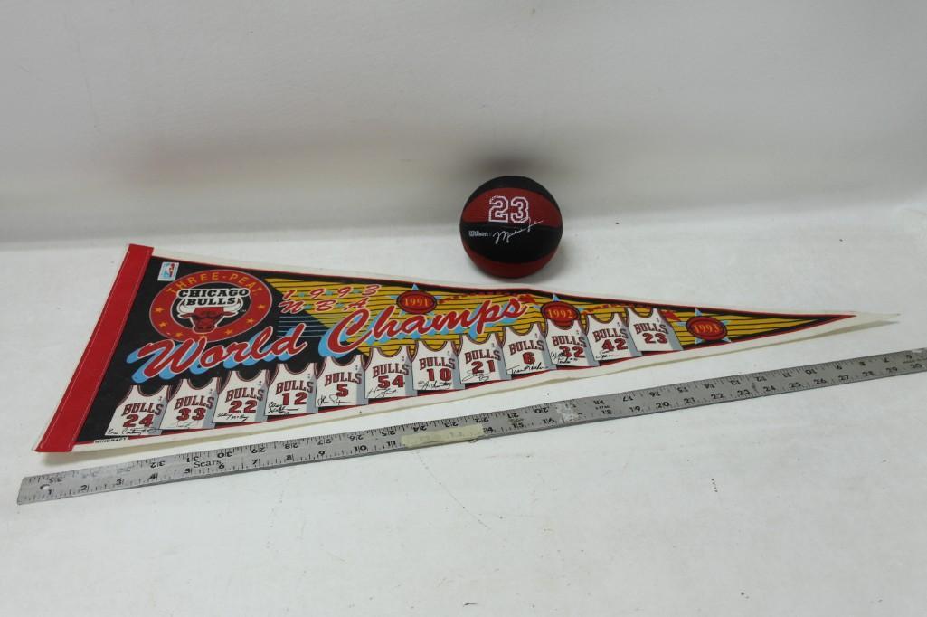 Michael Jordan Wilson Watch in Basketball Case and 1993: Michael Jordan Wilson Watch in Basketball Case and 1993 Chicago Bulls Three-Peat Pennant