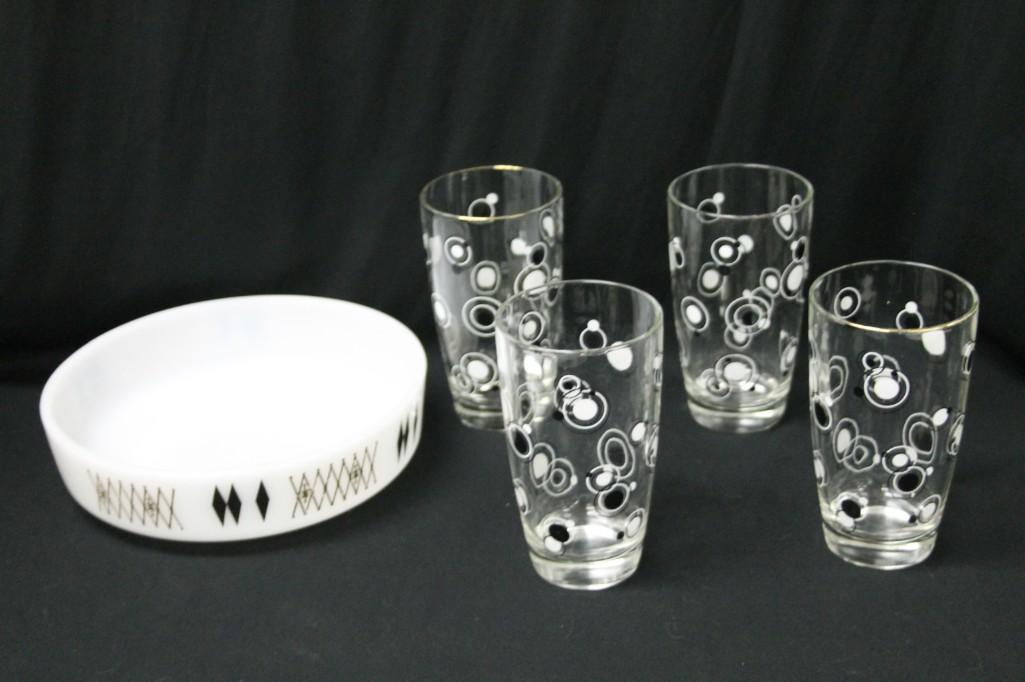 Mid Century Federal Glass Bowl, and 4 Drinking Glasses: Mid Century Federal Glass Milk Glass Bowl Looks to be Atomic Harlequin, and 4 Drinking Glasses with Black and White Pattern