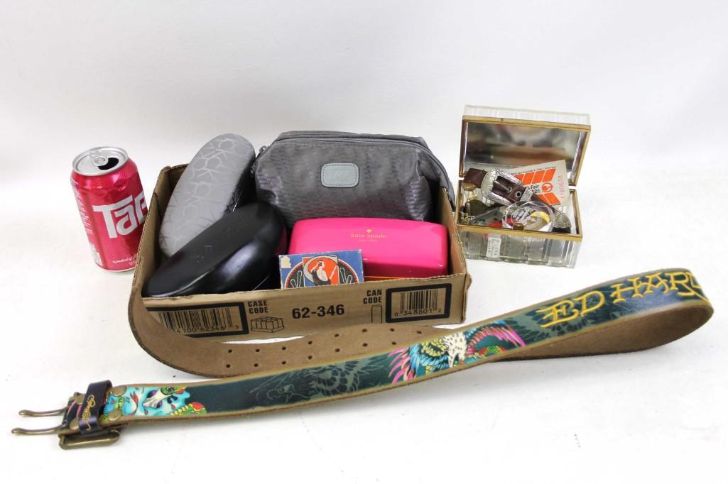 Misc. Lot including Ed Hardy Leather Belt, tokens,: Misc. Lot including Ed Hardy Leather Belt, tokens, World's Fair Ephemera, sun glasses, etc.