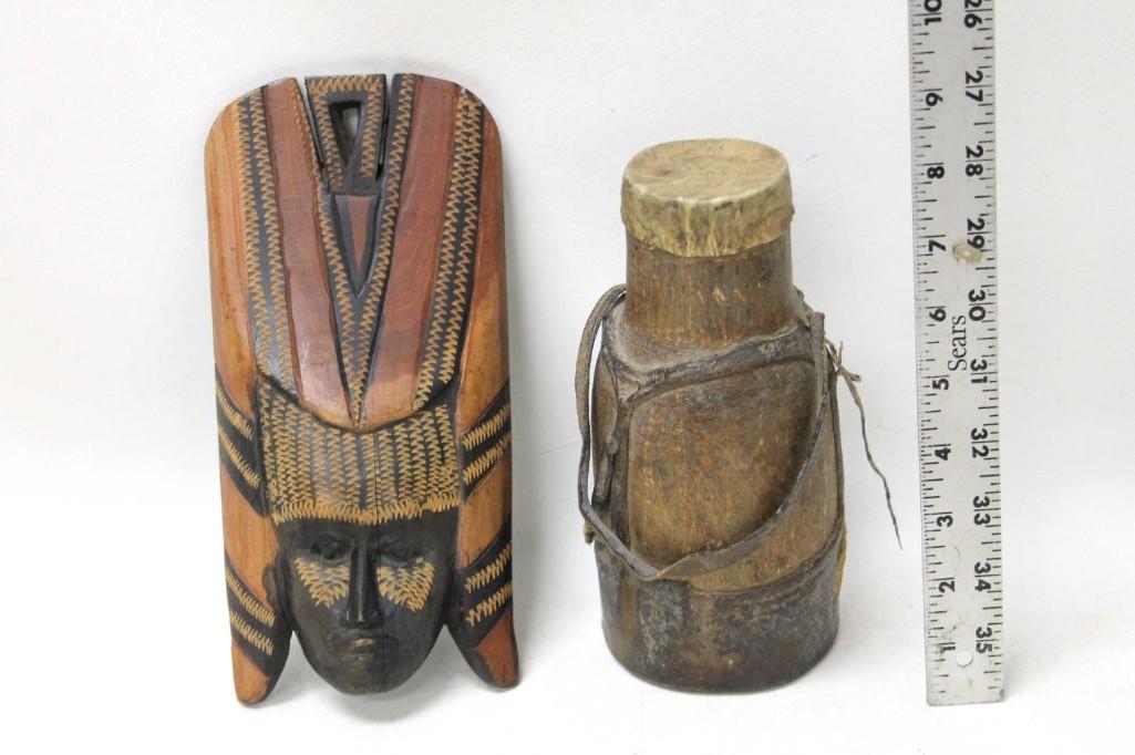 Carved Wooden Face Wall Hanging and Small Drum: Carved Wooden Face Wall Hanging and Small Drum