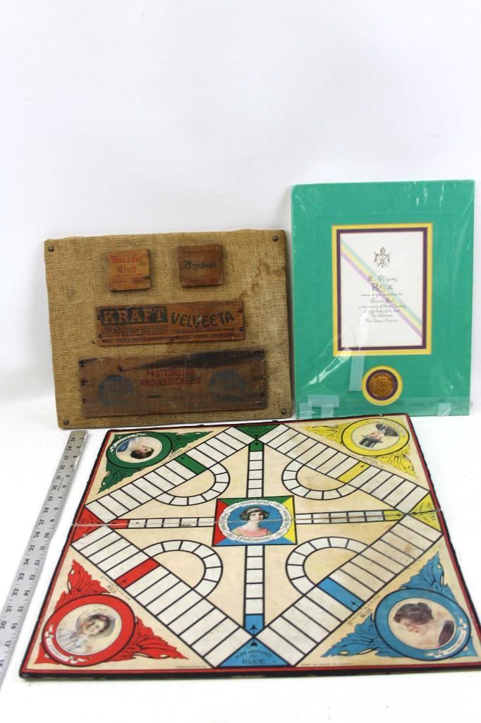 Vintage lot incl Pollyanna Board Game, Display of: Vintage lot incl Pollyanna Board Game, Display of Cheese Box Ends , and a His Majesty Rex Shrove Tuesday Grand Ball Invitation Condition: The Pollyanna game is the board only, no pieces
