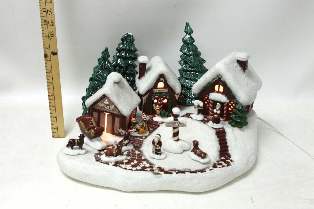 Ceramic Christmas Decoration w Damage: Ceramic Christmas Decoration w Damage Condition: This has considerable damage. Has chips on tops of Christmas trees and on the reindeer, tree is loose from the base and has been repaired .