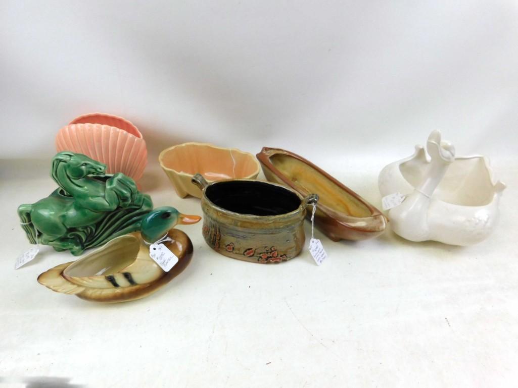 Lot of Vintage Ceramic Planters incl Hull Swan: Lot of Vintage Ceramic Planters incl Hull Swan , Frankoma , North Wood Pottery , etc