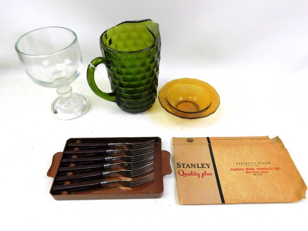 Vintage Kitchen Lot incl Avocado Green Glass Pitcher ,: Vintage Kitchen Lot incl Avocado Green Glass Pitcher , Nursery Rhyme Bowl , Stanley Steak Forks , Goblet