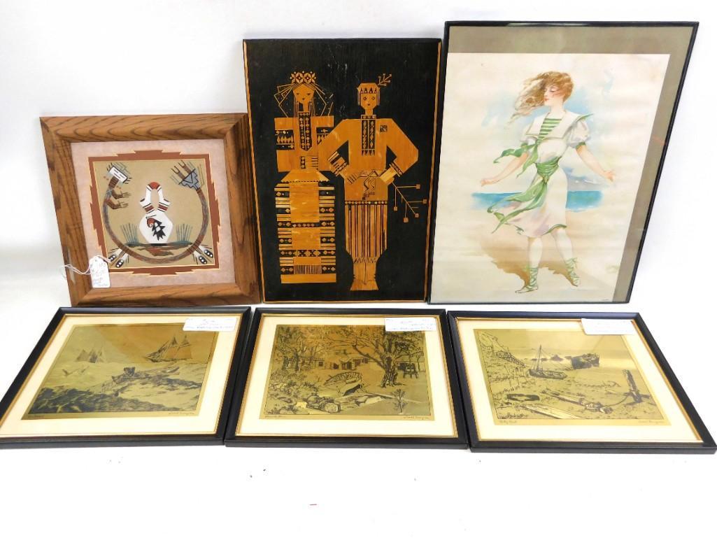 Lot of Wall Art incl Wood Inlay , Foil Prints , etc: Lot of Wall Art incl Wood Inlay , Foil Prints , etc