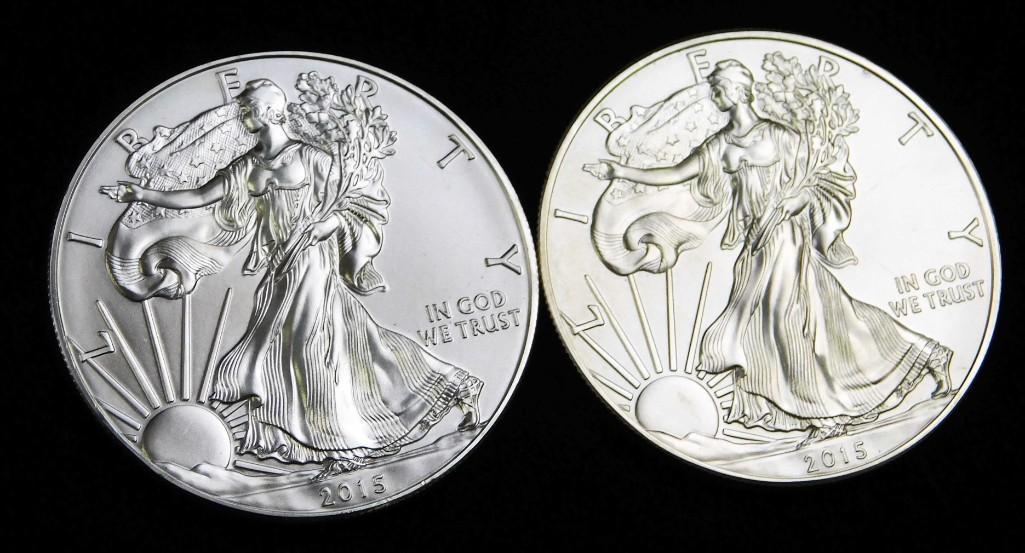 2 BU 2015 American Silver Eagle 1 oz Rounds: 2 Brilliant Uncirculated 2015 American Silver Eagles . Each one is a 1 ounce round for a total of 2 ounces of fine silver