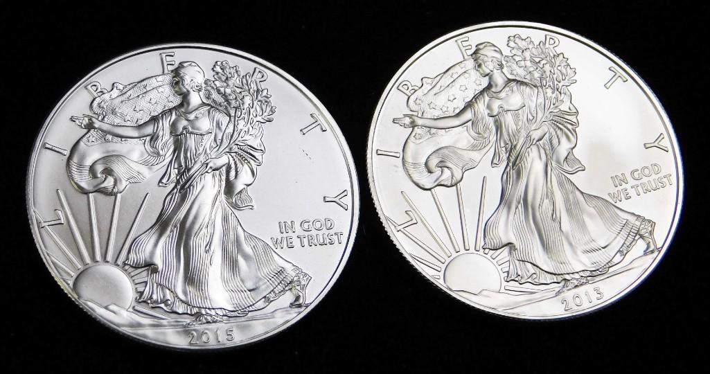 2 BU American Silver Eagles 2013 & 2015 Silver Rounds: 2 Brilliant Uncirculated American Silver Eagles 2013 & 2015 Silver Rounds . Each one is 1 oz of fine silver for a total of 2 ounces of fine silver