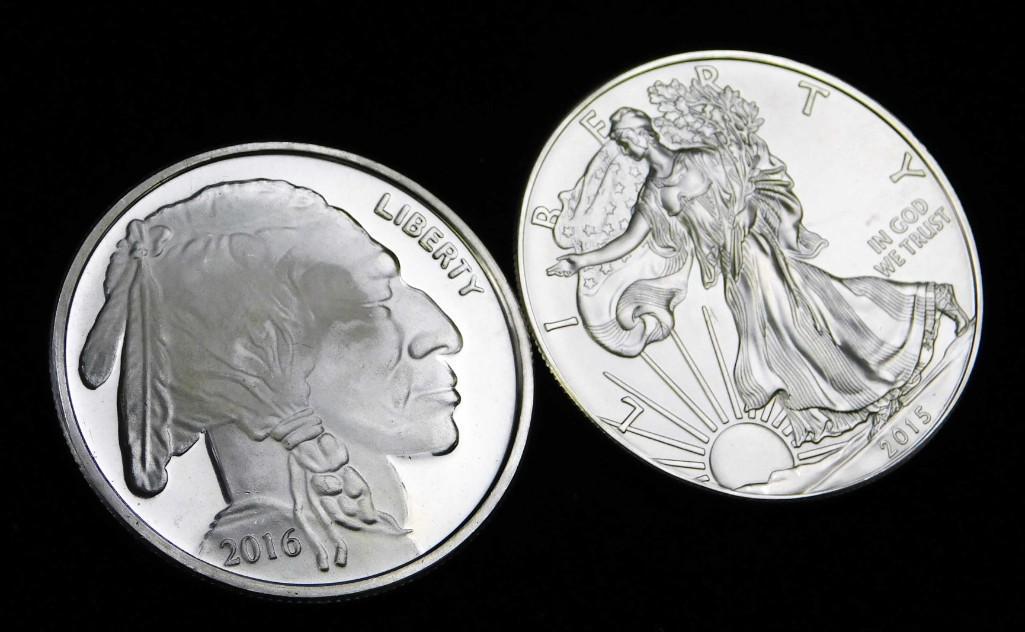 2 Silver Rounds incl 2015 BU American Silver Eagle and: 2 Silver Rounds incl 2015 Brilliant Uncirculated American Silver Eagle and 2016 Brilliant Uncirculated Indian Head Buffalo Round . Each one is 1 ounce of fine silver for a total of 2 ounces