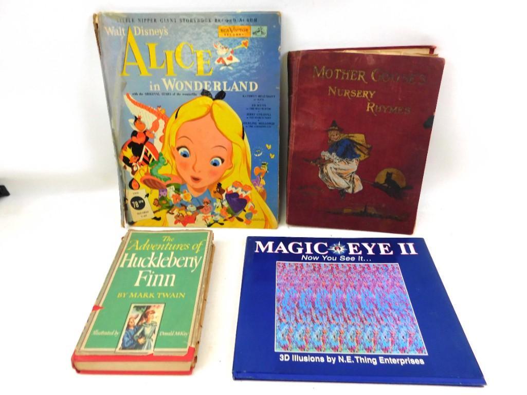 Vintage Book Lot incl Huckleberry Fin , Mother Goose ,: Vintage Book Lot incl Huckleberry Fin , Mother Goose Nursery Rhymes , Walt Disney's Alice in Wonderland plus a Magic Eye II book . Alice in Wonderland book includes a vinyl record Condition:&nbs