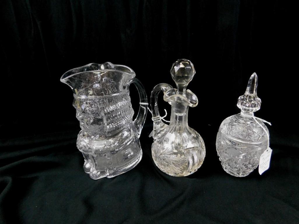 Whitefriars Glass Toby Mug , Condiment Jar , Cruet: Glass lot including a Whitefriars Glass Toby Mug or jug , Jam or Condiment Jar with Lid and Spoon, Cruet with Stopper