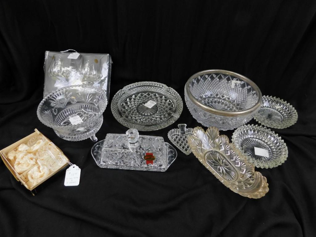 Lot of Vintage Glassware incl Salts , Butter Dish ,: Lot of Vintage Glassware incl Salts , Butter Dish , Ashtray , Bowls , etc