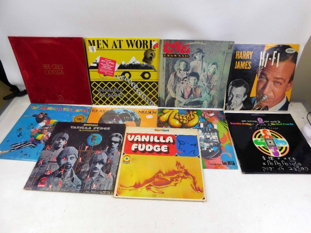 Lot of Vinyl LP Records including Vanilla Fudge, Men at: Lot of Vinyl LP Records including Vanilla Fudge, Men at Work, Bee Gees, Harry James, Ricky Nelson, The Mamas & the Papas, Nuggests Volume Hits, Love - Four Sail Bee Gee's Album Odessa has the Velvet C