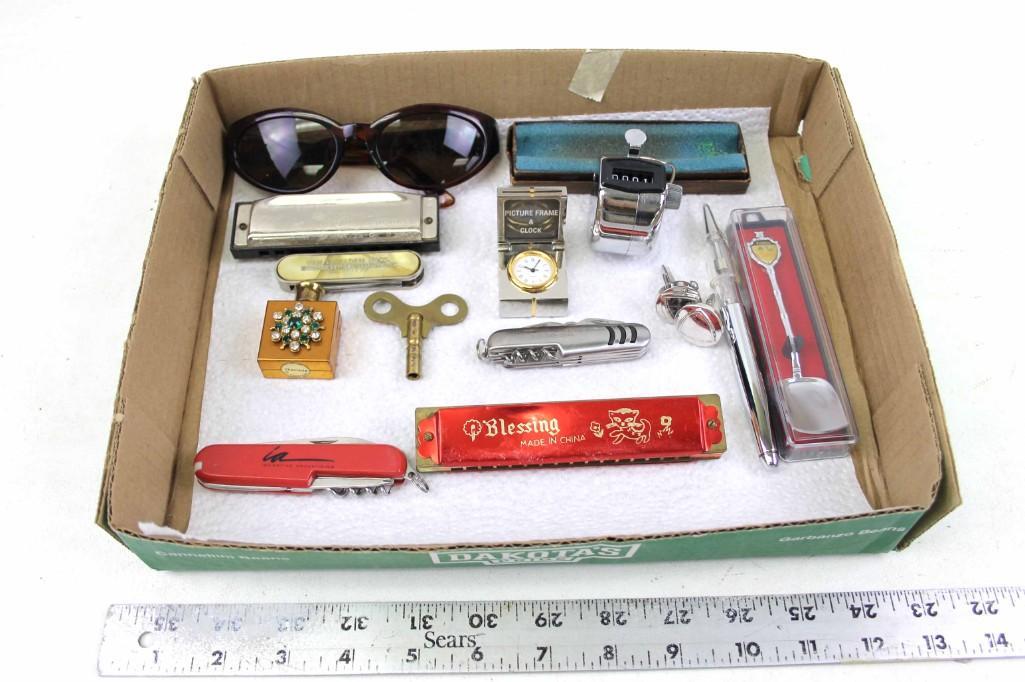 Lot of Vintage Smalls incl Pocket Knives , Harmonicas ,: Lot of Vintage Smalls incl Pocket Knives , Harmonicas , Sunglasses , etc