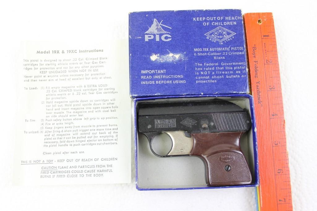 Pic Blank / Starter Pistol Gun Model 19X: Pic Blank / Starter Pistol Gun Model 19X This is a gun that will only fire blanks. As such "The Federal Government has ruled that this pistol is NOT a firearm as it cannot shoot bullets or proje