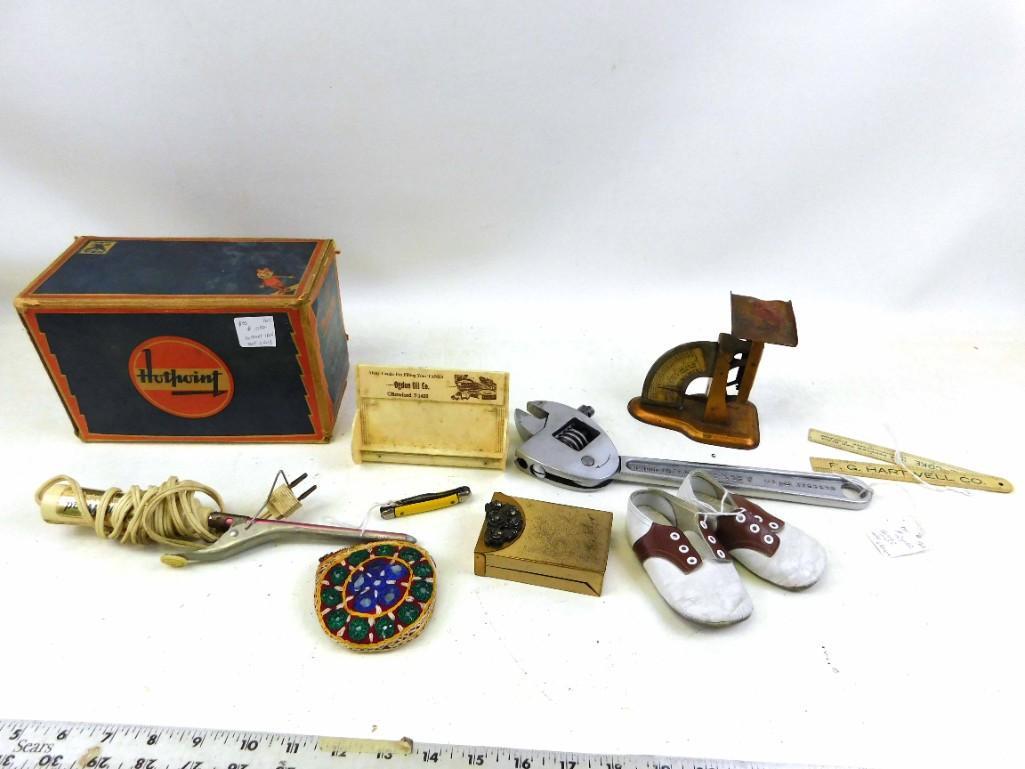 Lot of Vintage Smalls incl Scale , Pocket Knife ,: Lot of Vintage Smalls incl Scale , Pocket Knife , Cigarette Case , Coin Purse , Empty hotpoint box , etc Condition: Please see all pictures. The hotpoint box is EMPTY
