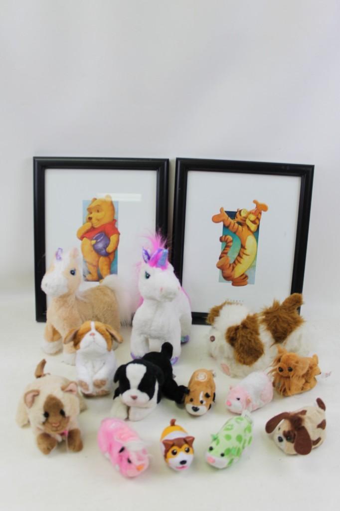 2 Winnie the Pooh Prints, Fur-Real Animal Plush,: 2 Framed Winnie the Pooh Prints, Fur-Real Animal Plush, Zhu-Zhu Pets Lot