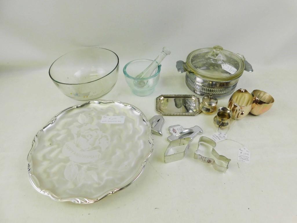 Kitchen Lot incl Cookie Cutters , Silver Plate Creamer: Kitchen Lot incl Cookie Cutters , Silver Plate Creamer and Sugar , Farberware Pyrex Casserole with Lid , Etc
