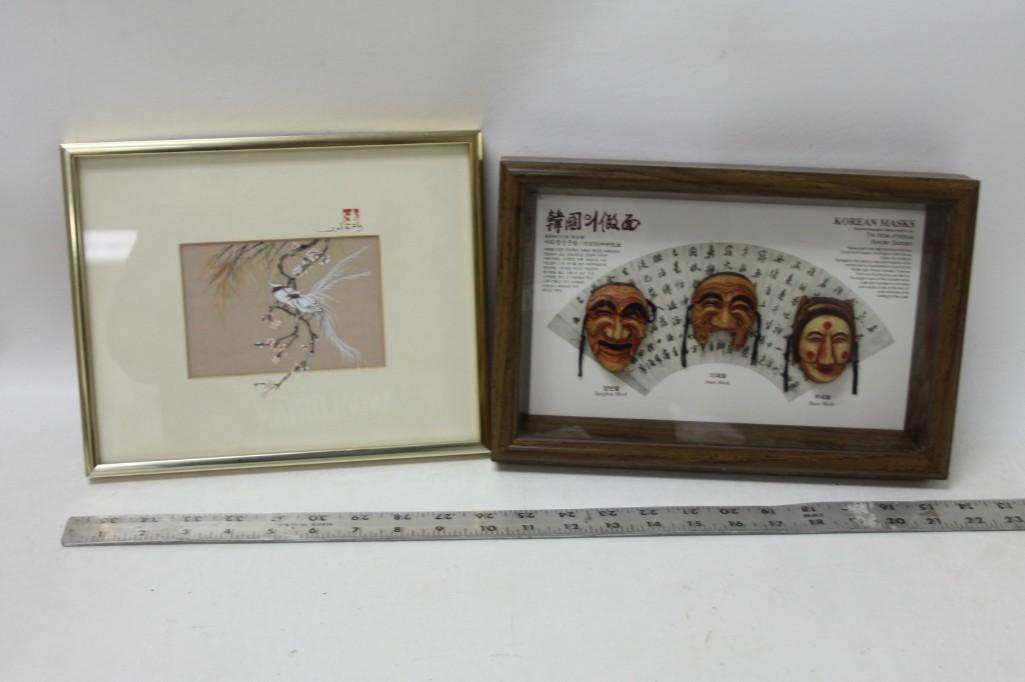 Lot of Framed Korean Masks and Asian Bird Picture Water: Lot of Framed Korean Masks and Asian Bird Picture Water Color on Silk - John Cheng