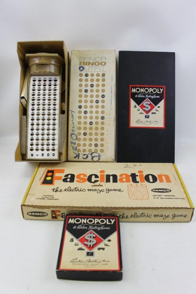 Lot of Vintage Board Games including Fascination,: Lot of Vintage Board Games including Fascination The Electric Maze Game by Remco, Senior Bingo Outfit and Monopoly Monopoly game appears to be from the 1940's