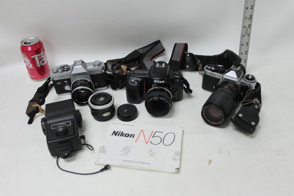 Camera Lot including Nikon and Canon SLR's Flash,: Camera Lot including Nikon and Canon SLR's Flash, Lenses, etc. Nikon N50 Nikon FE2, Canon TL