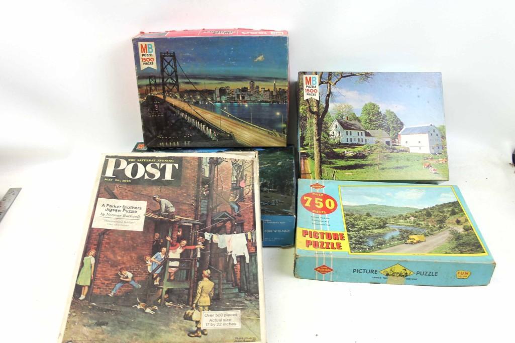 Lot of 5 Vintage Jigsaw Puzzles: Lot of 5 Vintage Jigsaw Puzzles Saturday Evening Post, Milton Bradley, Built Rite
