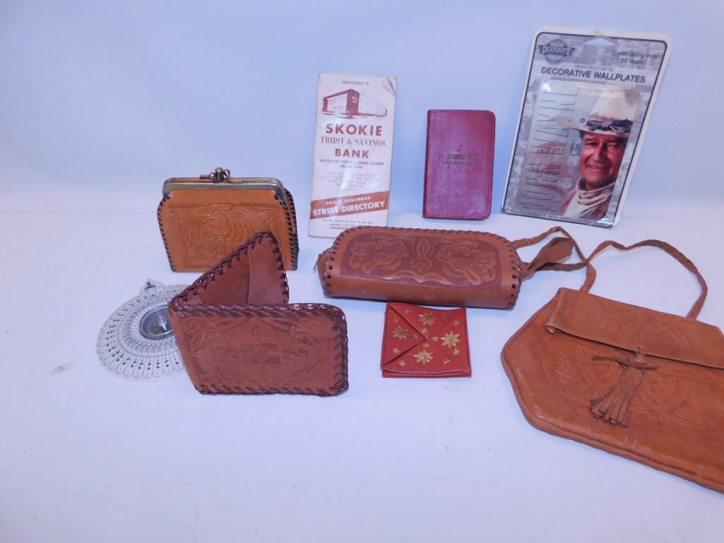 Misc. Lot - Leather Wallets, John Wayne Wall Plate,: Misc. Lot - Leather Wallets, John Wayne Wall Plate, Compass, etc.