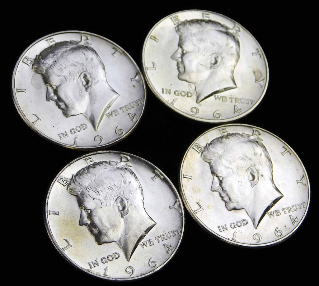 4 AU 1964 Kennedy Half Dollars 90% Silver (1 of 2)