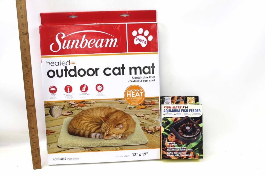 Fish Mate F14 Aquarium Fish Feeder and Sunbeam Outdoor: Fish Mate F14 Aquarium Fish Feeder and Sunbeam Outdoor Cat Mat both are new in box