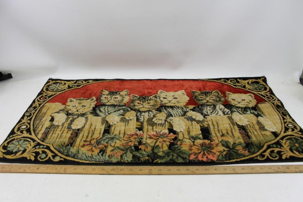 Vintage throw rug with cats looking over a fence (1 of 5)